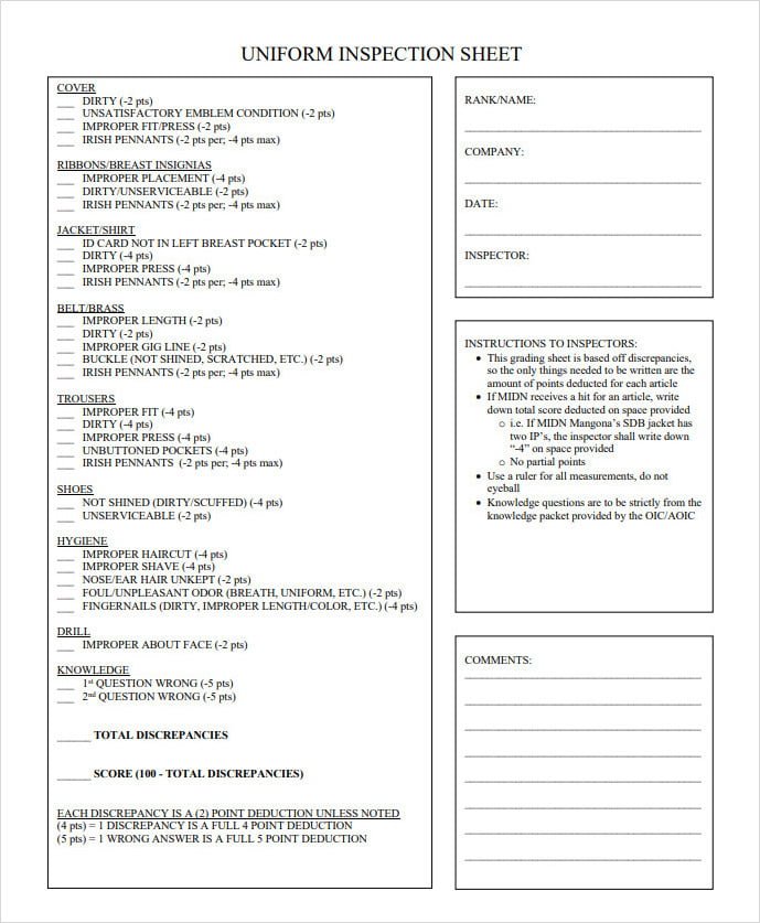 Uniform Inspection Sheet Template