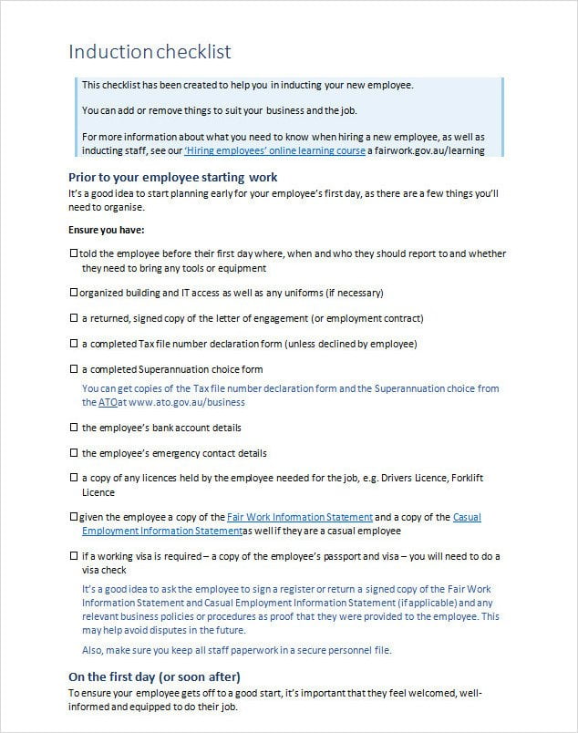 Uniforms Induction Checklist Template Word