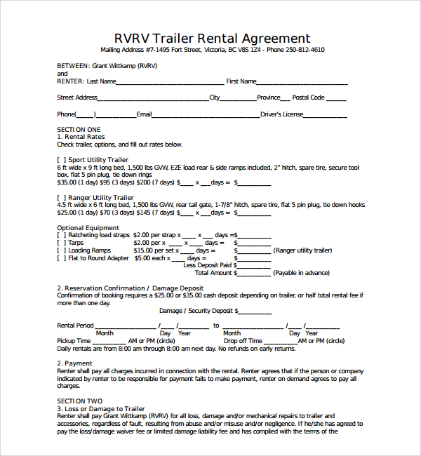 Utility Trailer Rental Agreement Template Example