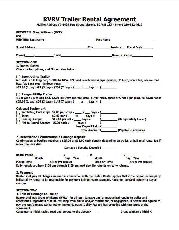 Utility Trailer Rental Agreement Template