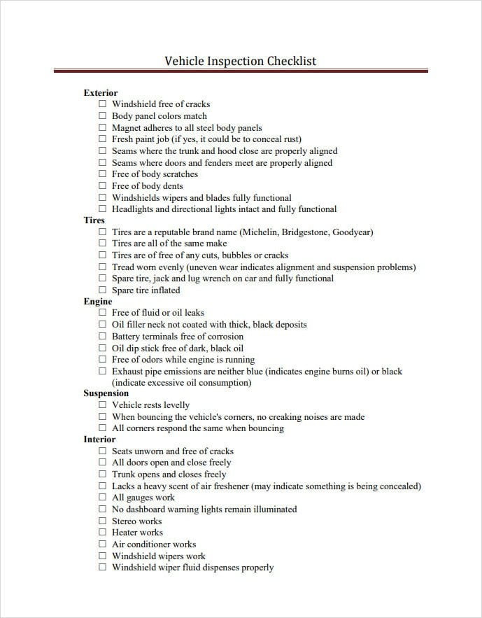 Vehicle Inspection Checklist Template