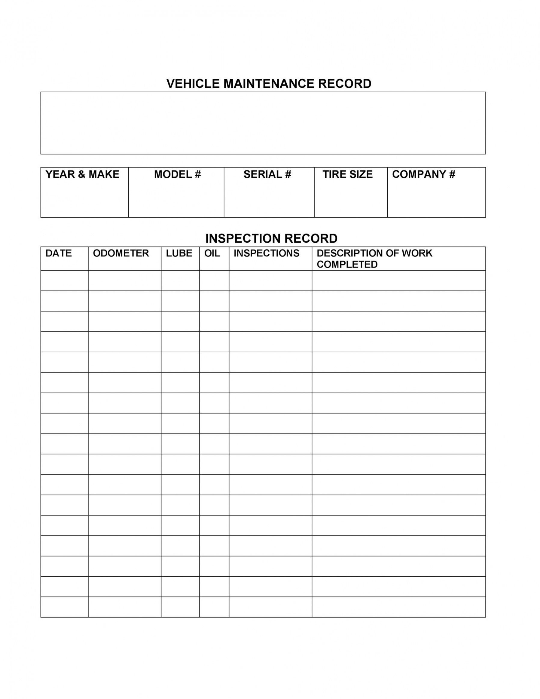 Vehicle Repair Record Worksheet Template