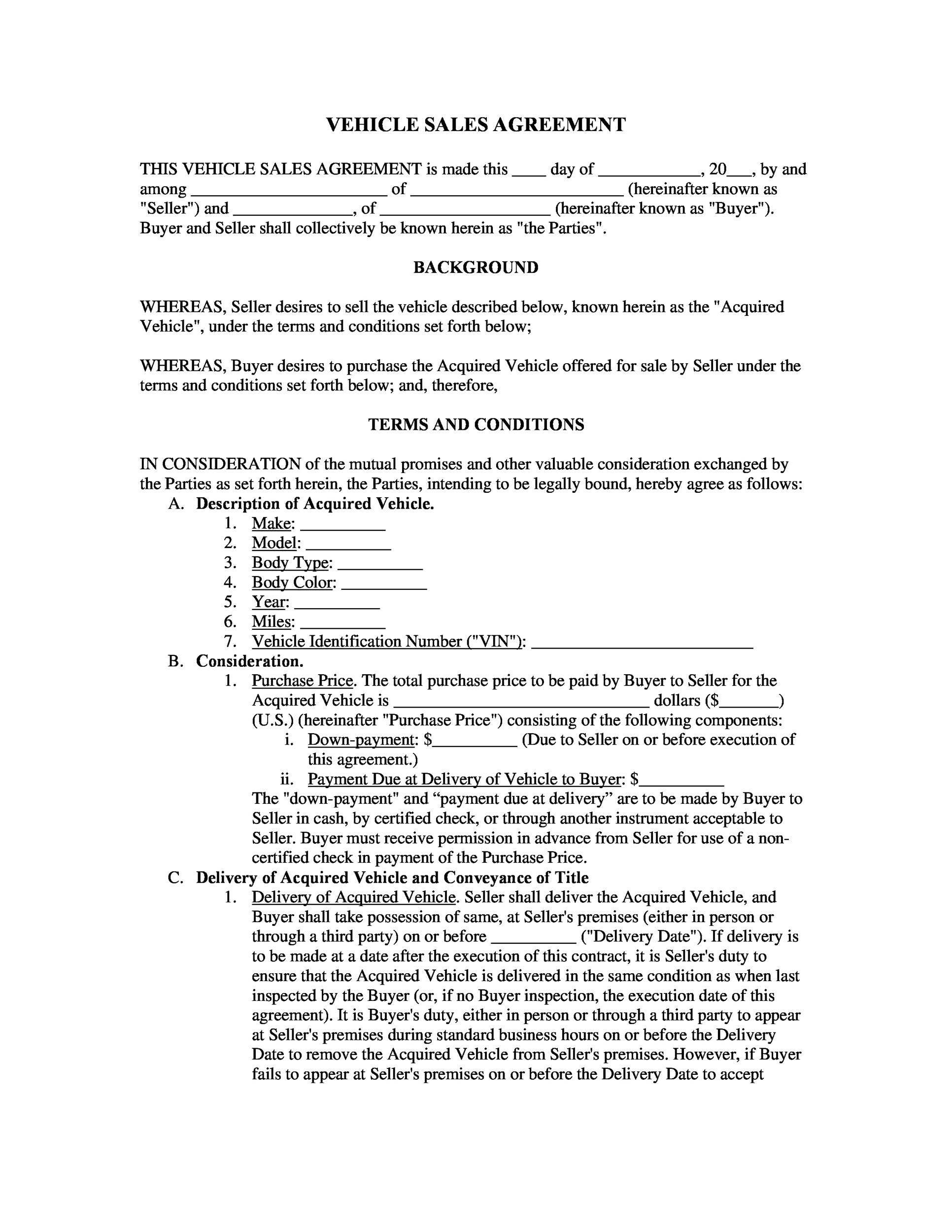 Vehicle Sales Agreement Template Example