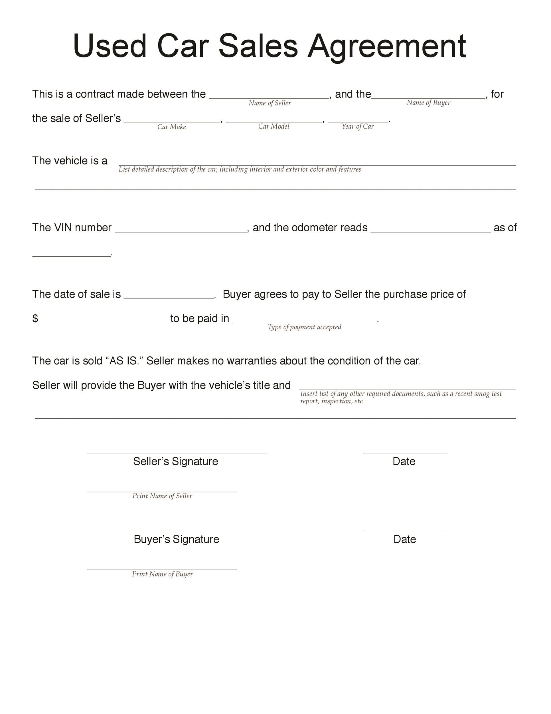 Vehicle Sales Agreement Template