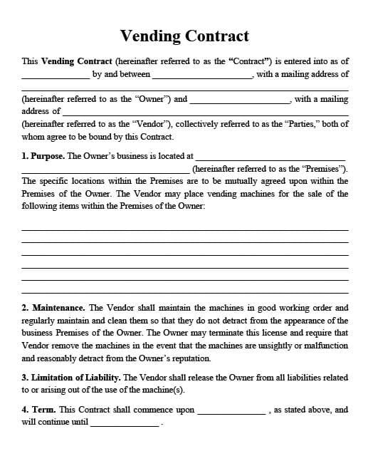 Vending Machine Agreement Template Sample