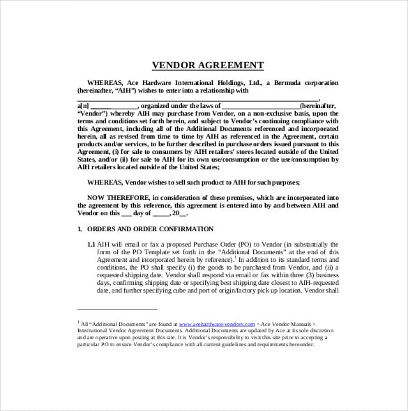 Vendor Agreement Template Sample