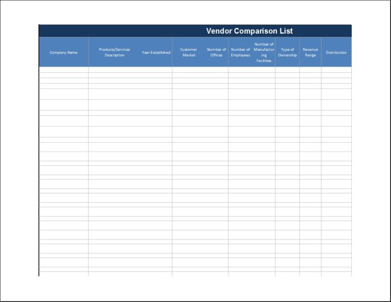 Vendor Comparison List Template Example