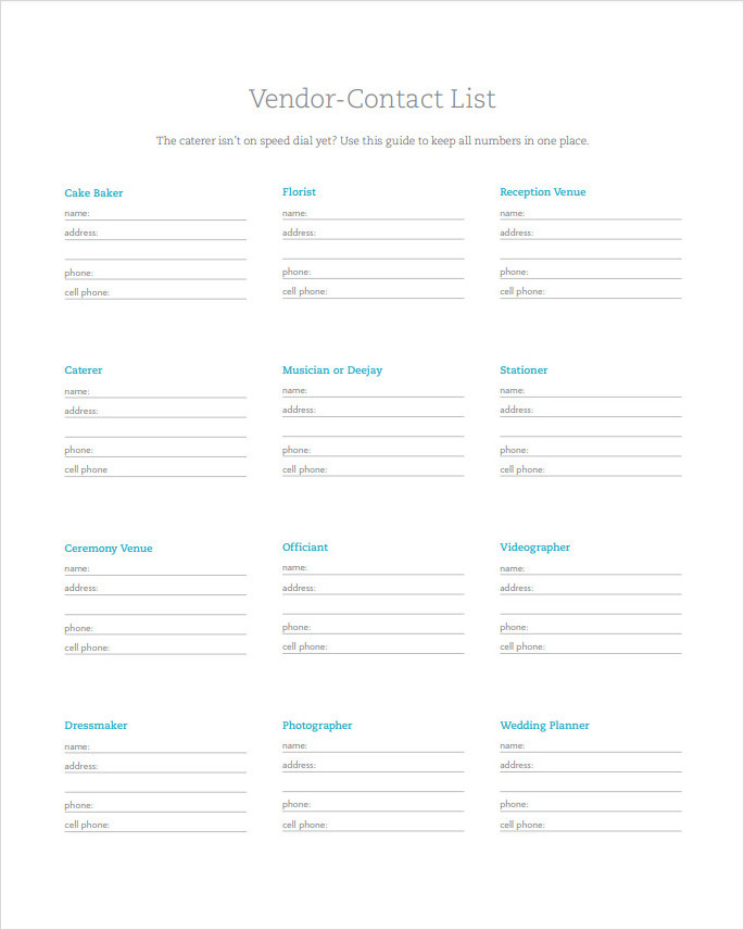 Vendor Contact List Template