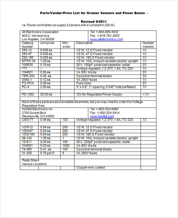 Vendor Price List Template