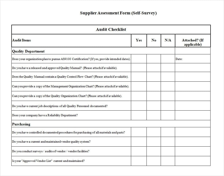 Vendor Supplier Assessment Audit Checklist Form Template