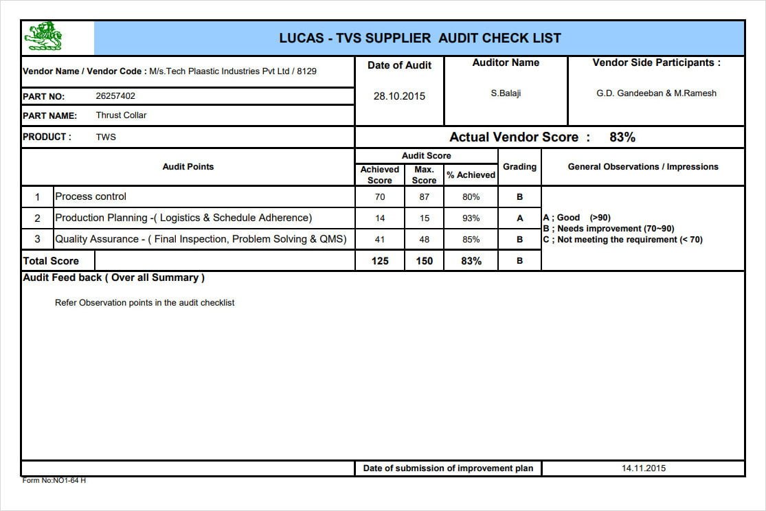 Vendor Supplier Audit Checklist Template