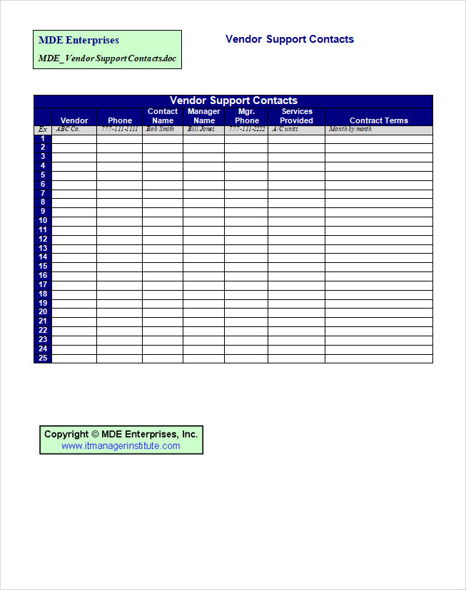 Vendor Support Contacts Template