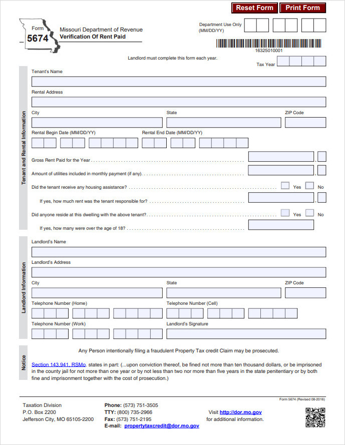 Printable Rental Verification Form