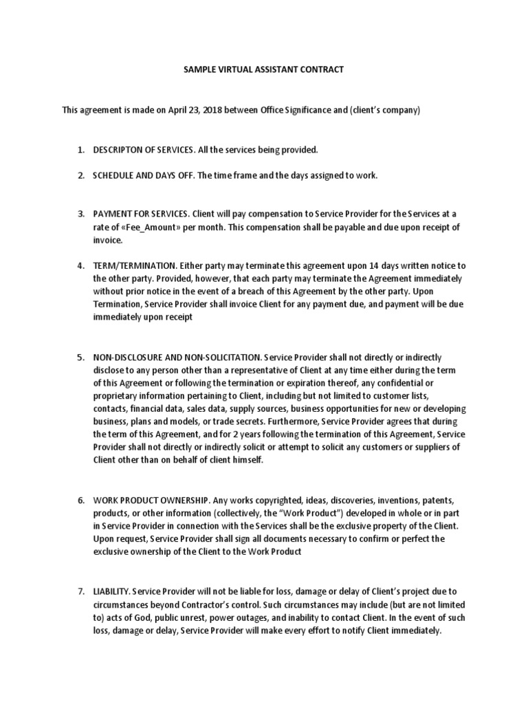 Virtual Assistant Agreement Template Example