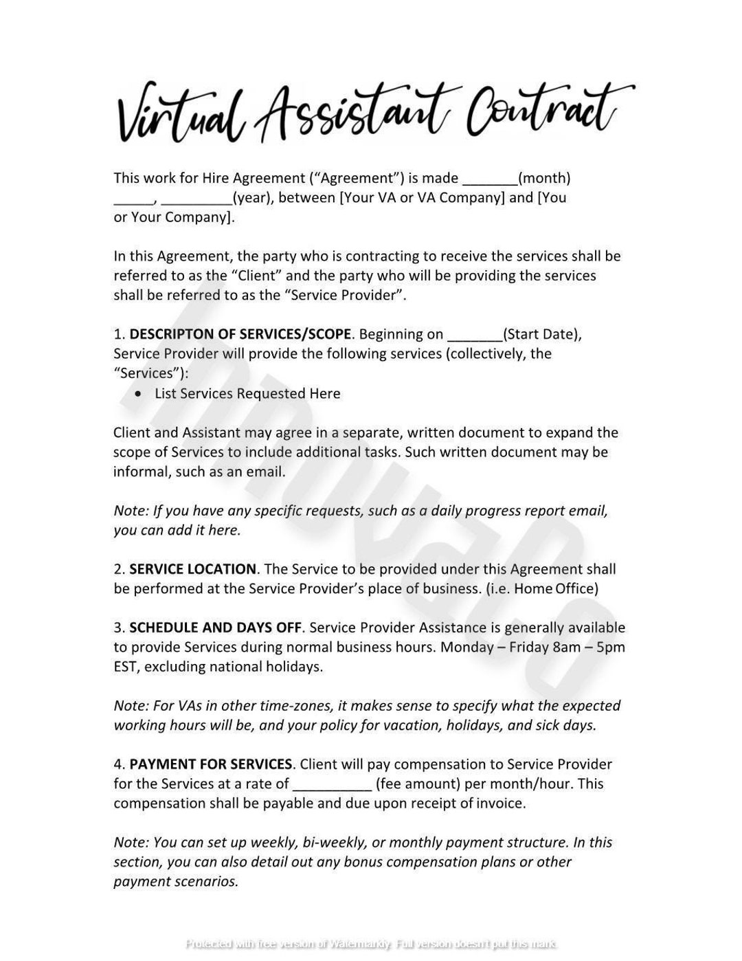 Virtual Assistant Agreement Template Sample