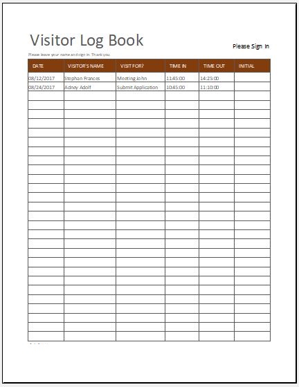 Visitor Register Book Template Example