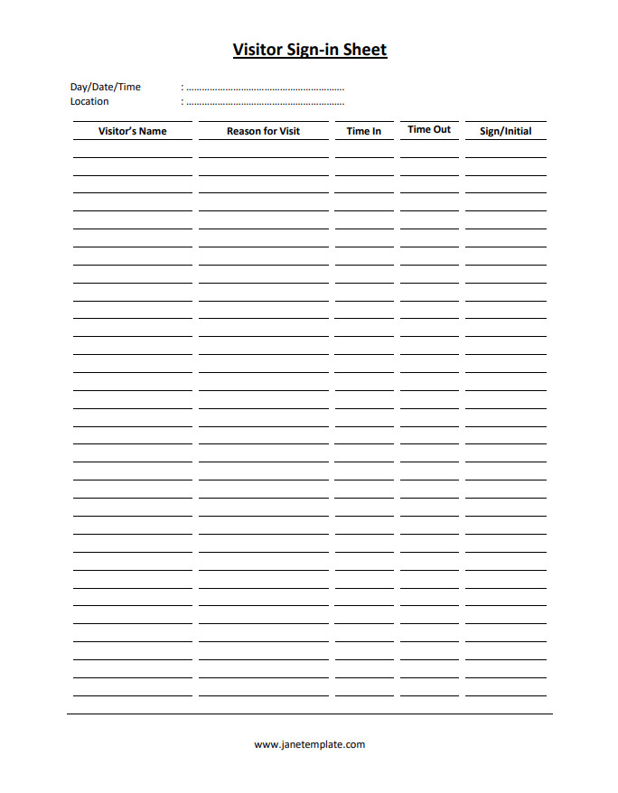 Customizable visitor sign-in sheet template for recording visitor details and purposes of visit