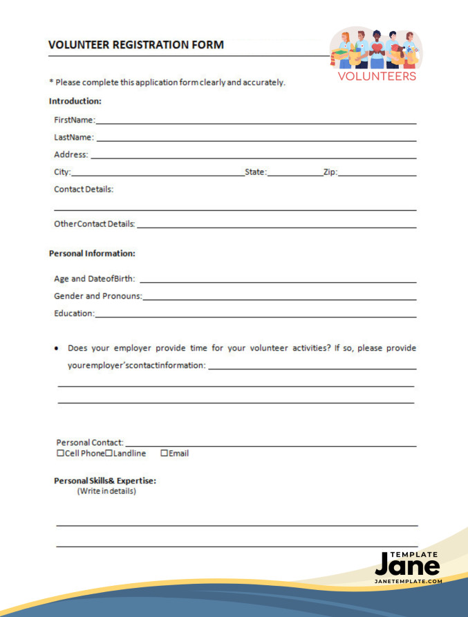 Sample Free Printable Volunteer Registration Form Template in Word and PDF Format.