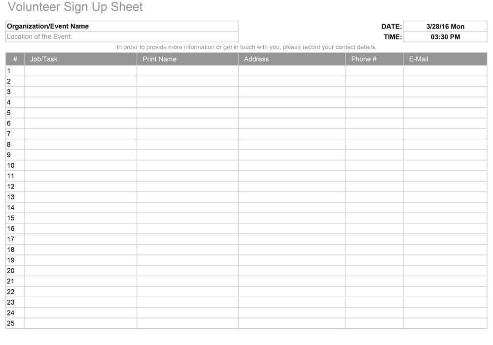 Volunteer Sign up Worksheet Template Example