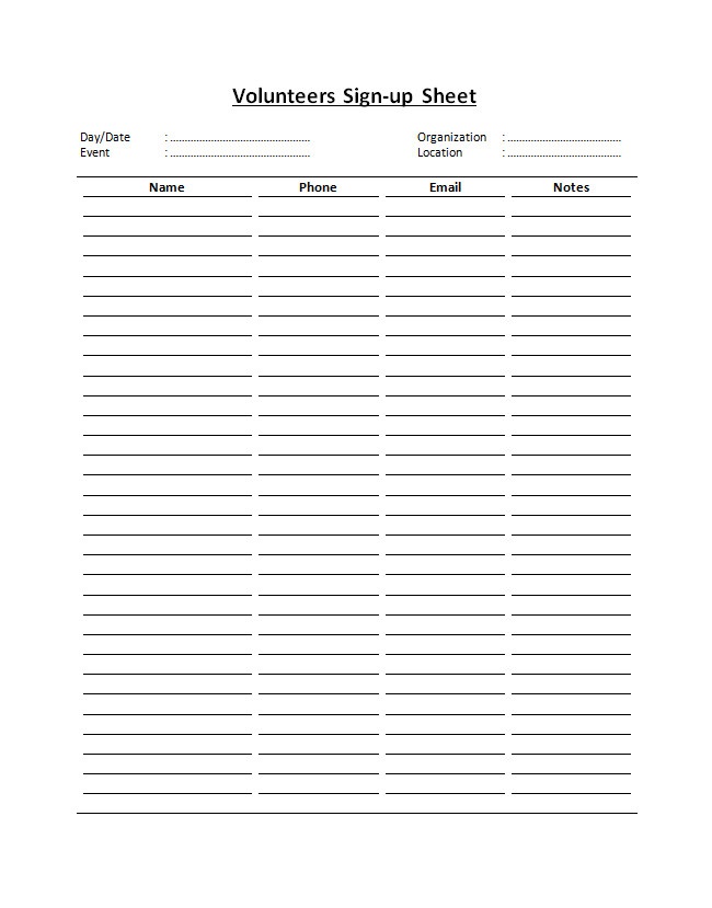 Volunteer Sign up Worksheet Template