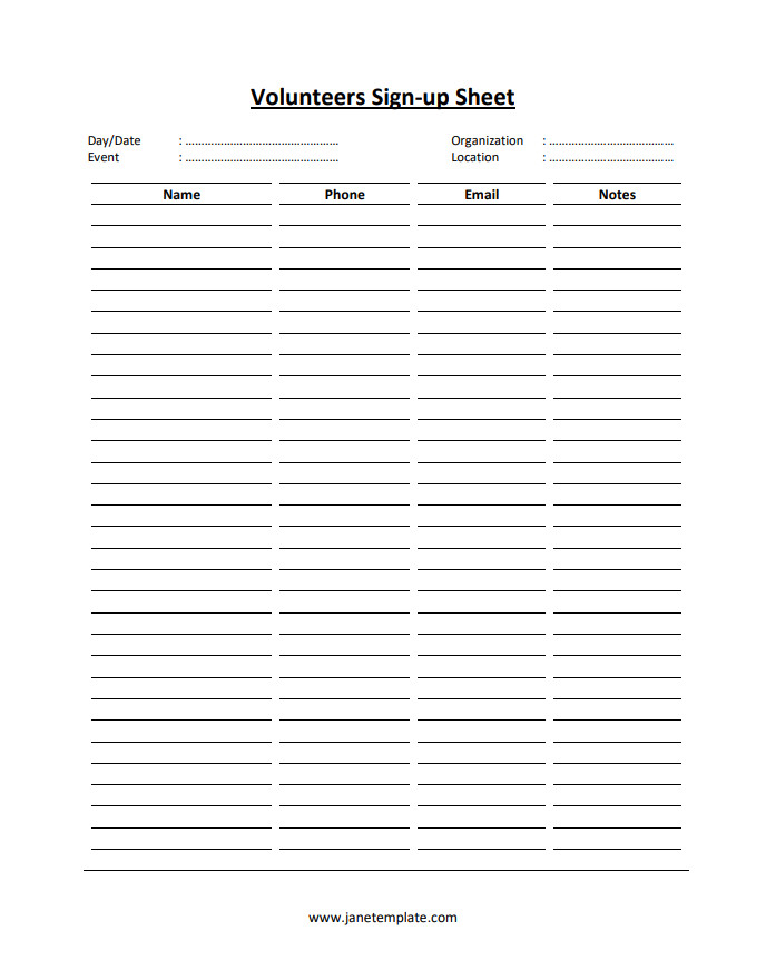 Printable Volunteer Sign-up Sheet Template