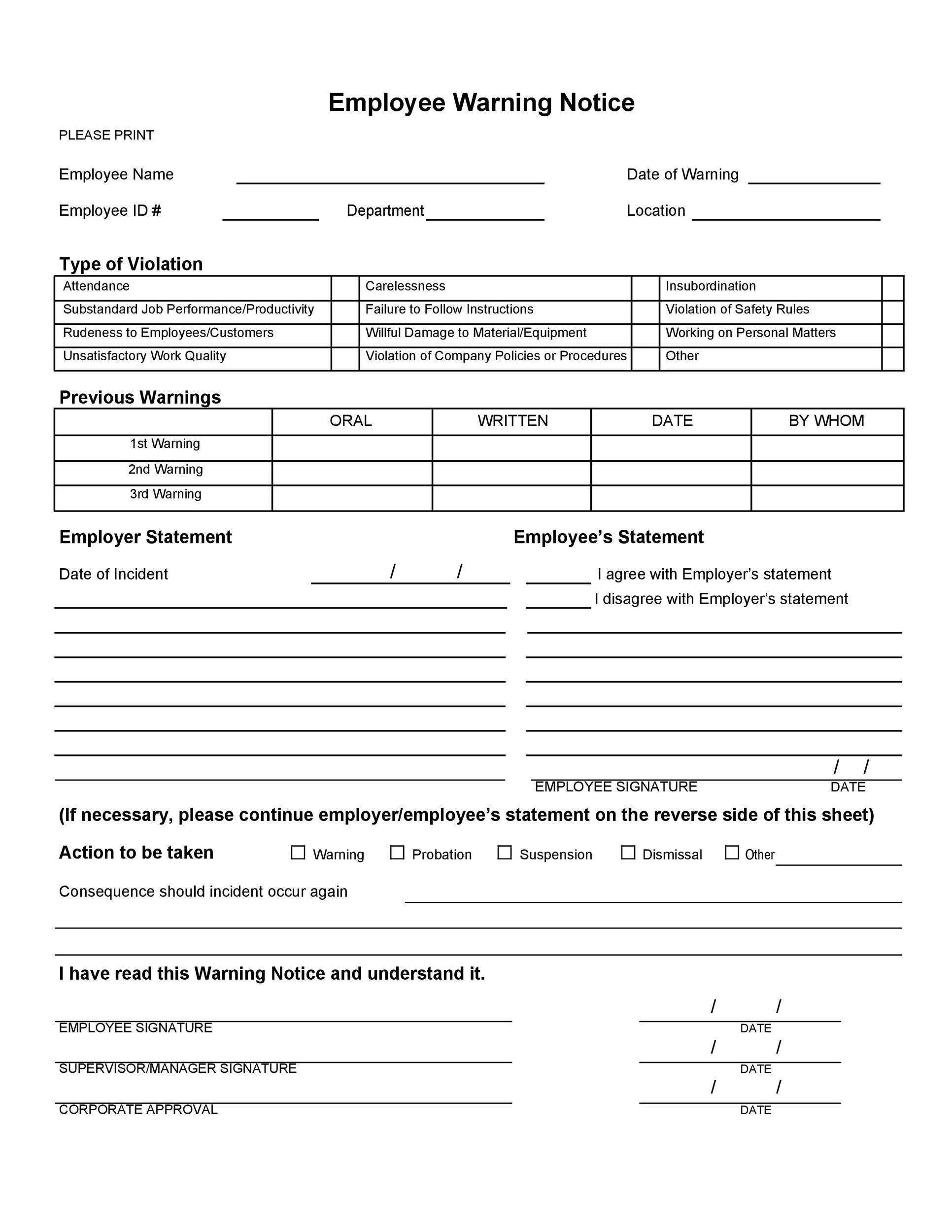 Warning Notices Template For Employees Sample