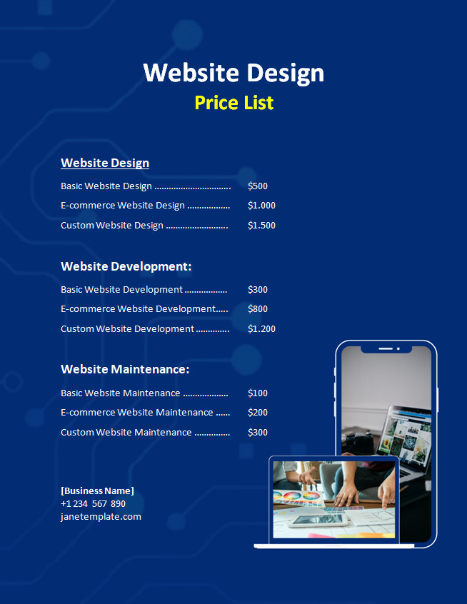 Professional web design price list template with sections for service descriptions and pricing tiers.