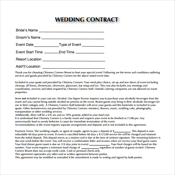 Wedding Agreement Template Example