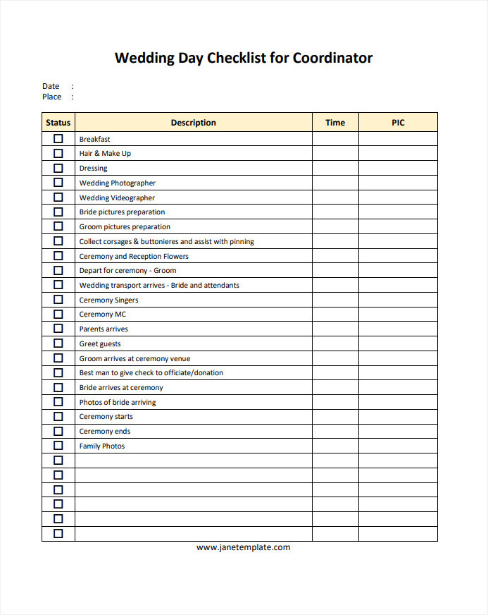 Sample Printable Wedding Day Checklist Template for Coordinator