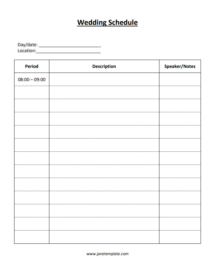 Detailed wedding event schedule template displaying an itinerary for the wedding day, with hourly breakdowns, event descriptions, and venue information.