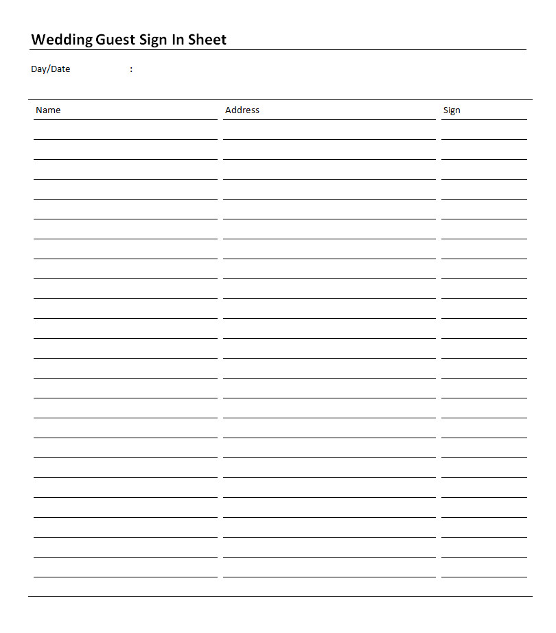 Wedding Guest Sign in Sheet Template