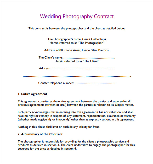 Wedding Photography Agreement Template Example