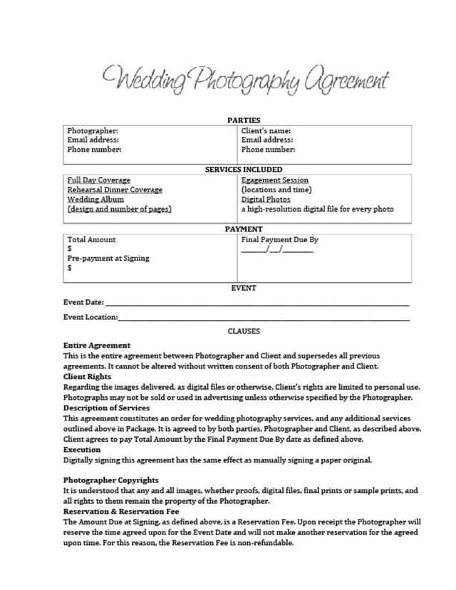 Wedding Photography Agreement Template Sample