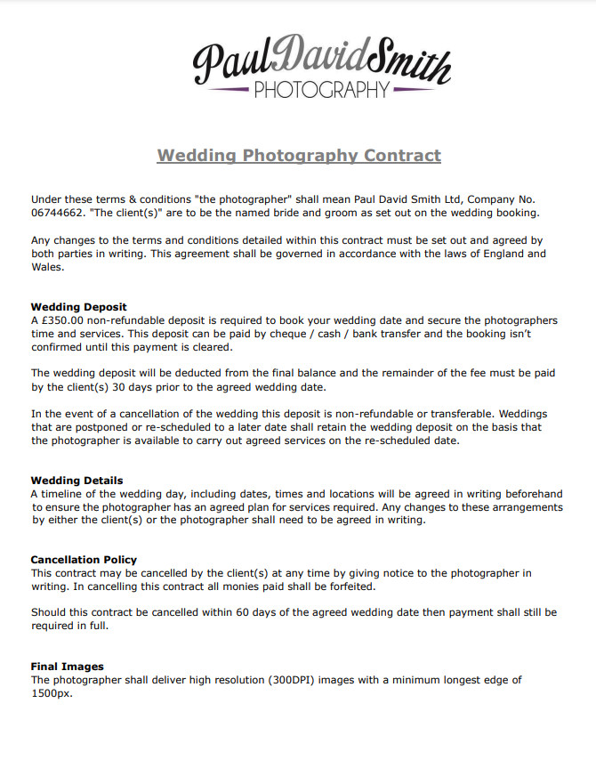 Wedding Photography Agreement Template