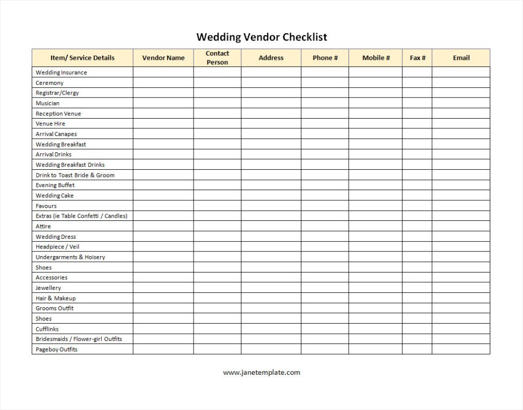 Printable Wedding Vendor Checklist Template