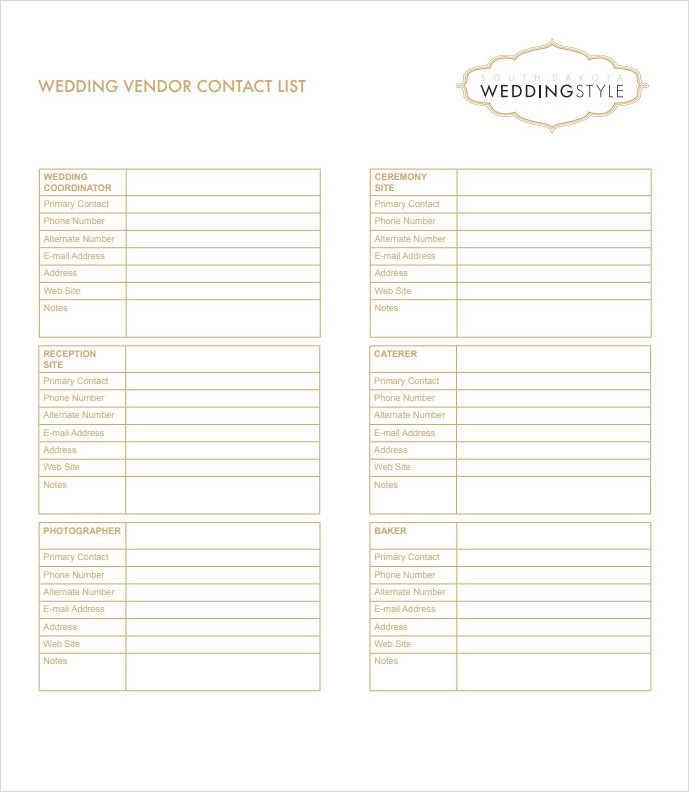 Wedding Vendor Contact List Template