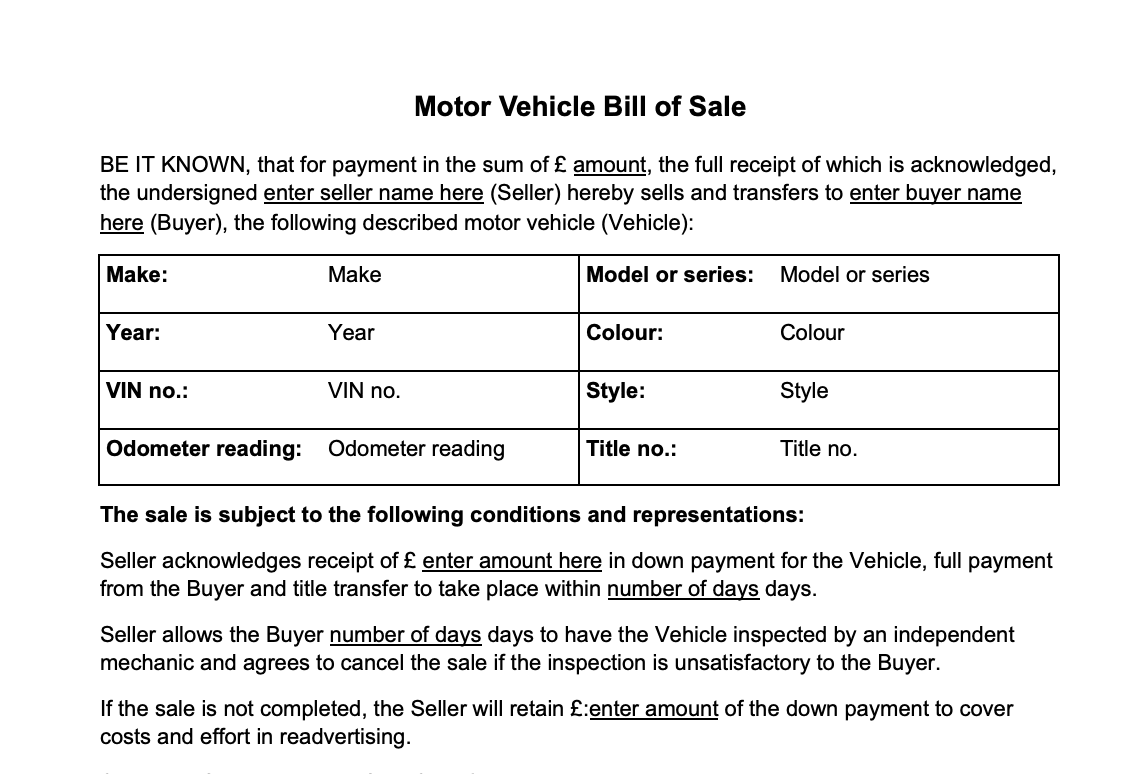 sample Motor Vehicle Bill of Sale Template