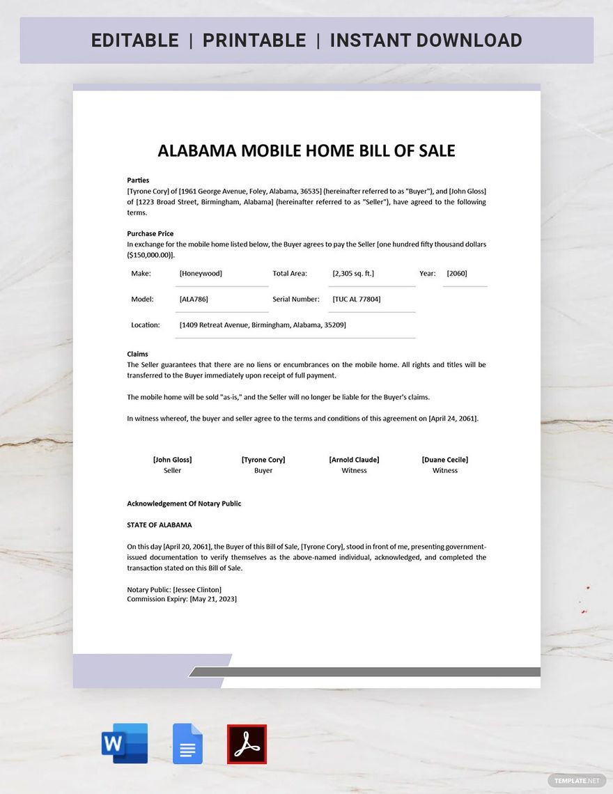 sample Bill of Sale Template Mobile Home