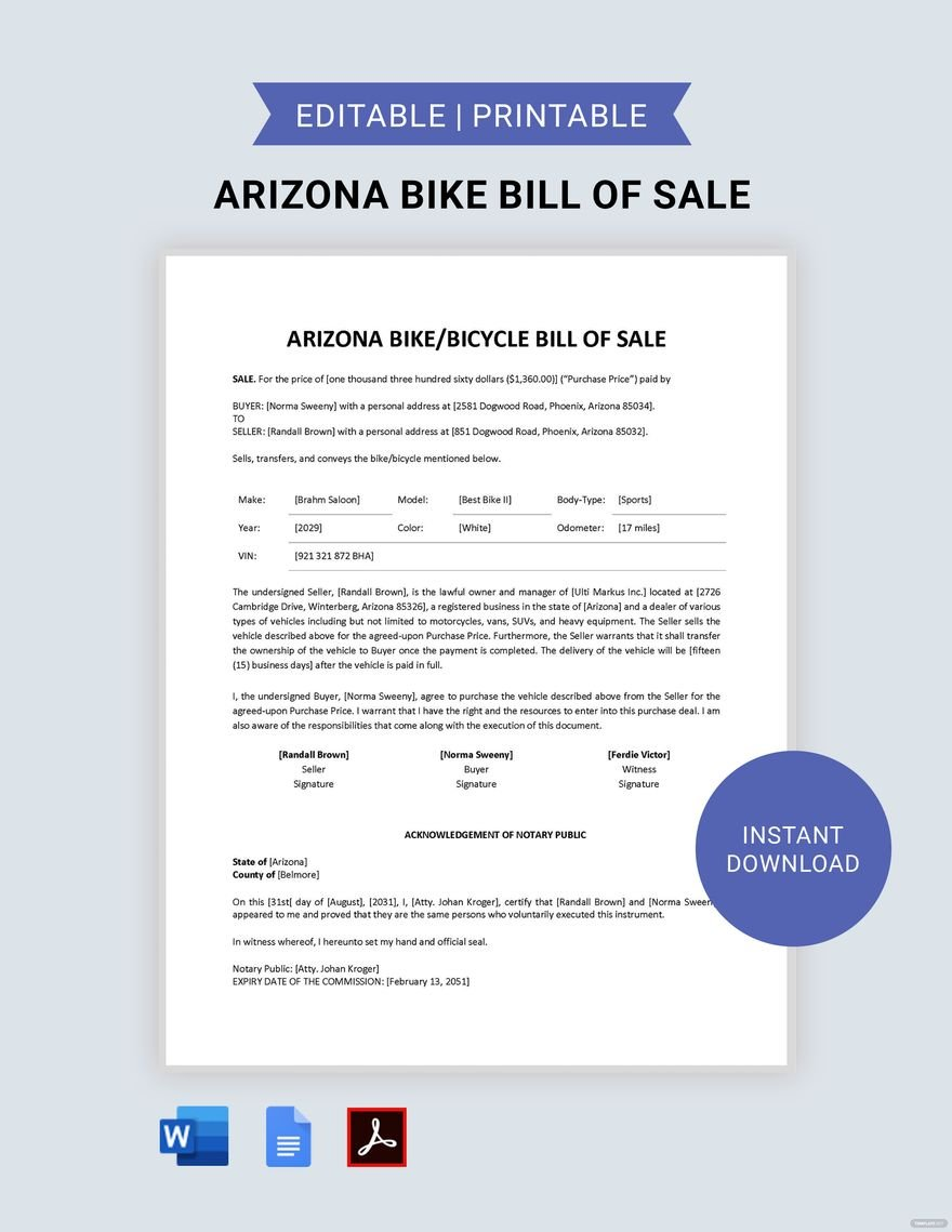 sample Bicycle Bill of Sale Form