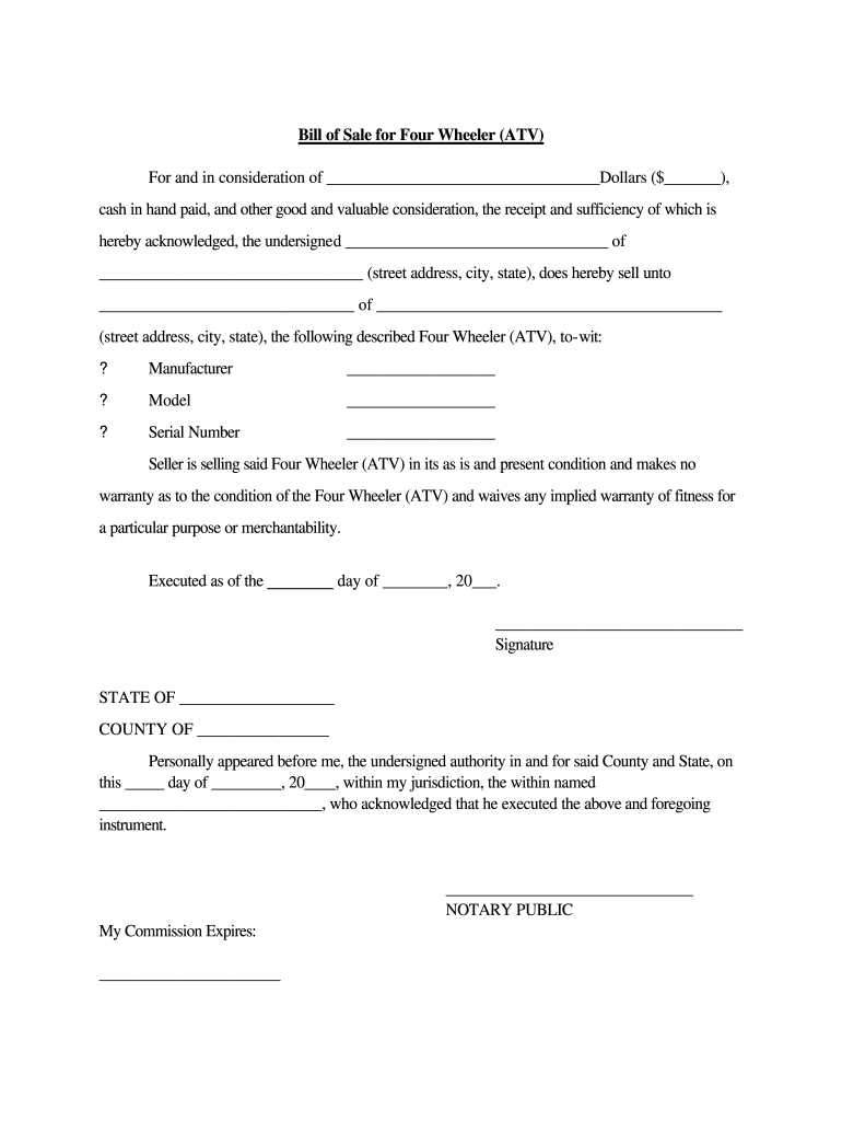 sample ATV Bill of Sale Form