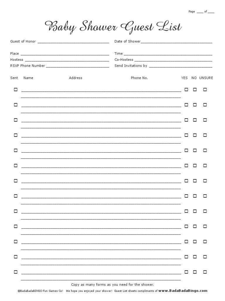 sample Baby Shower Guest List Template