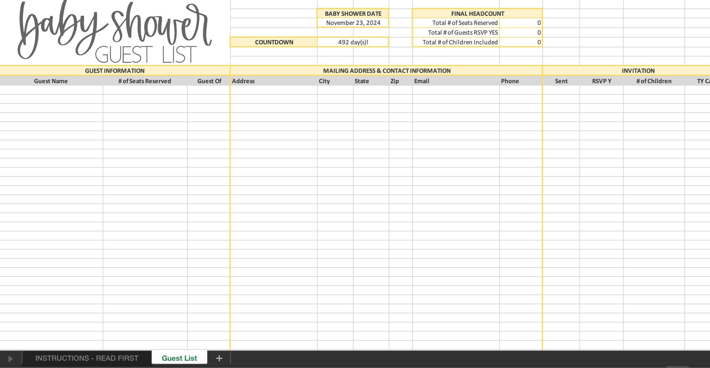 sample Baby Shower Guest List Template