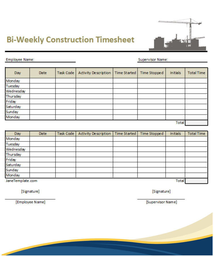 free printable bi-weekly construction timesheet template