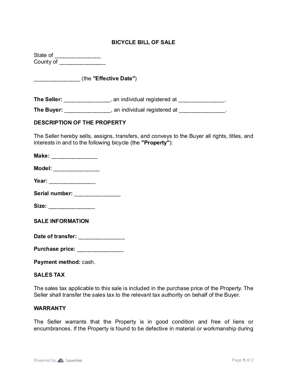 sample Bicycle Bill of Sale Form