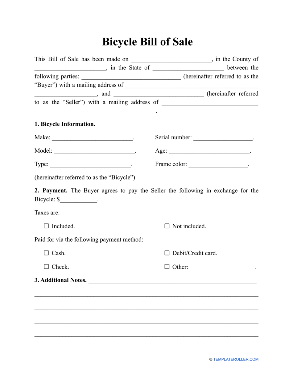 sample Bicycle Bill of Sale Form