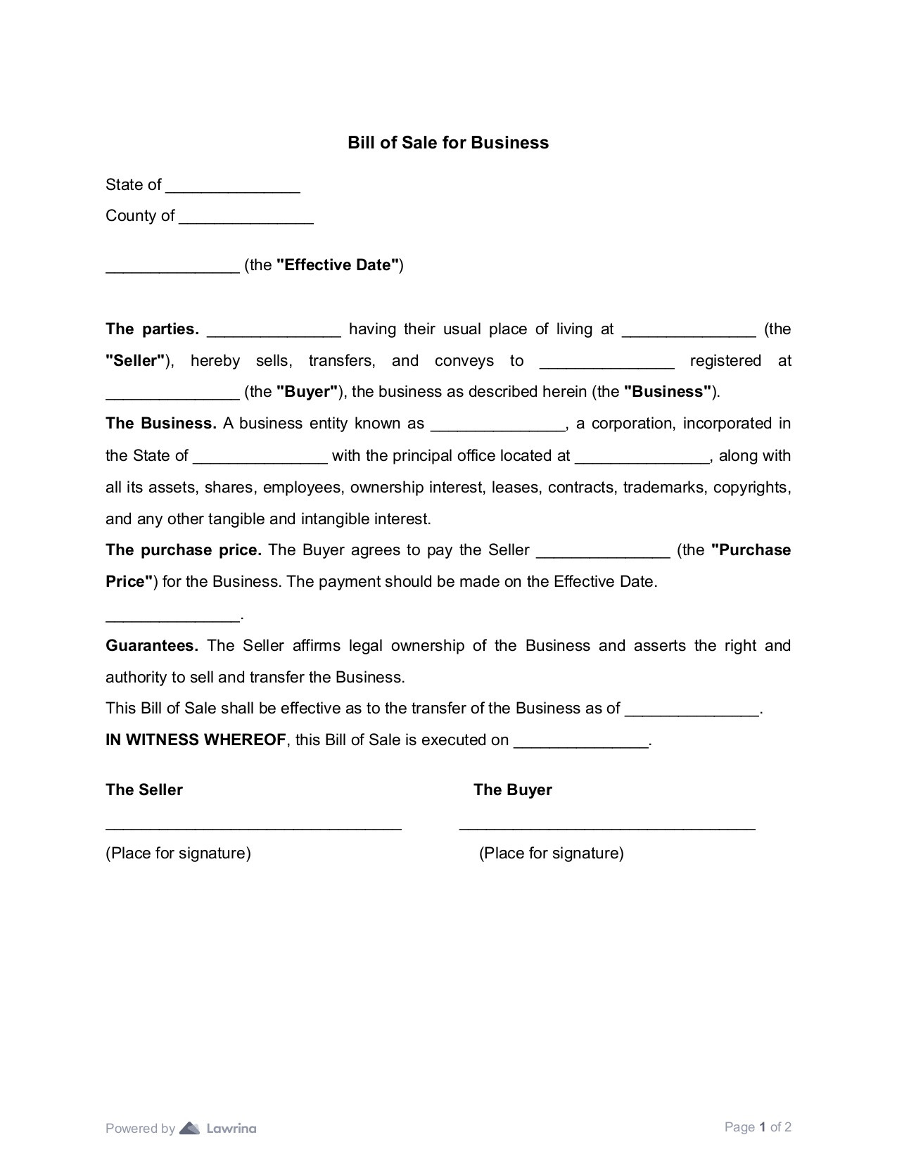 sample Business Entity Bill of Sale Form