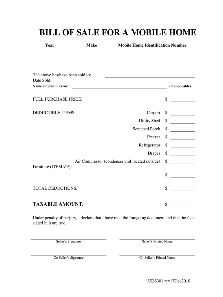 sample Mobile Home Bill of Sale Form