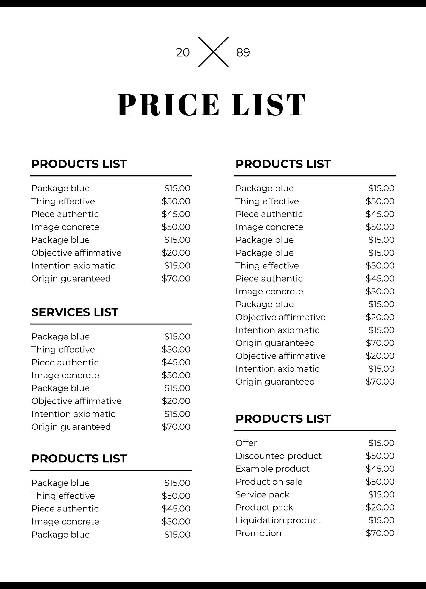 sample business price list template