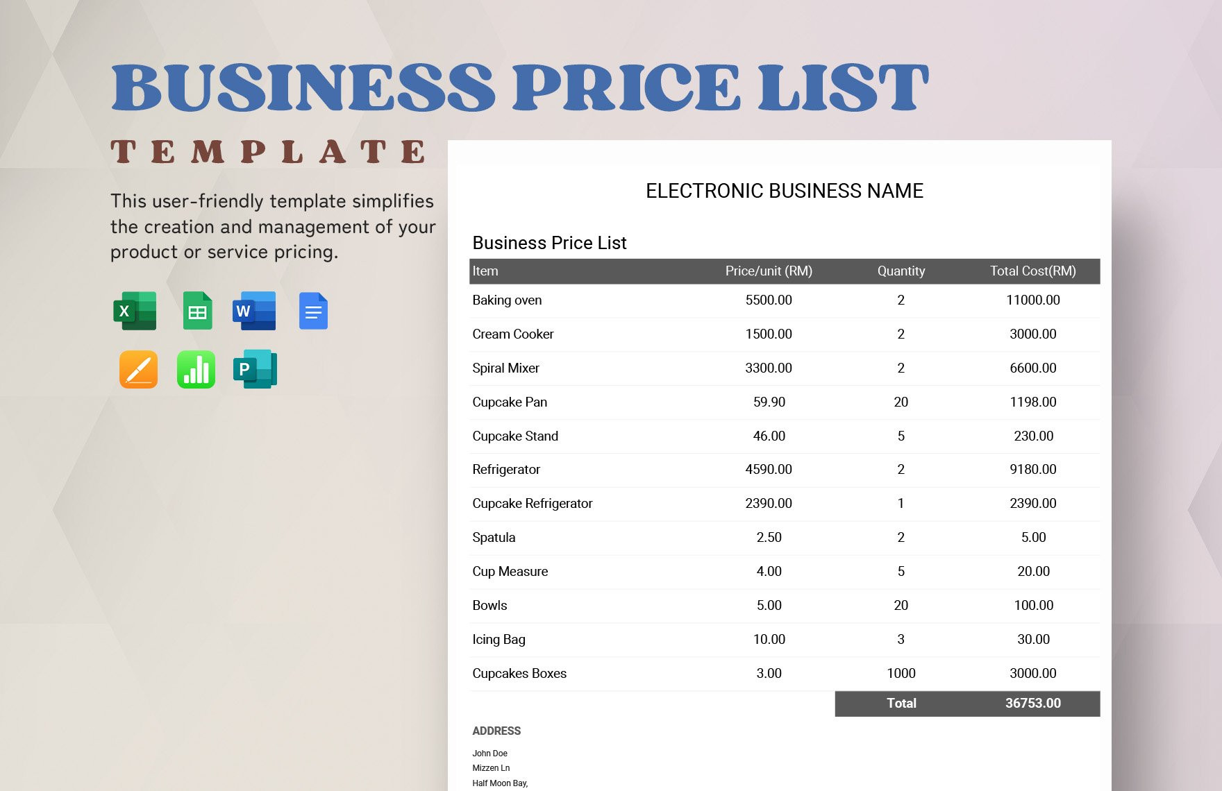 sample business price list template