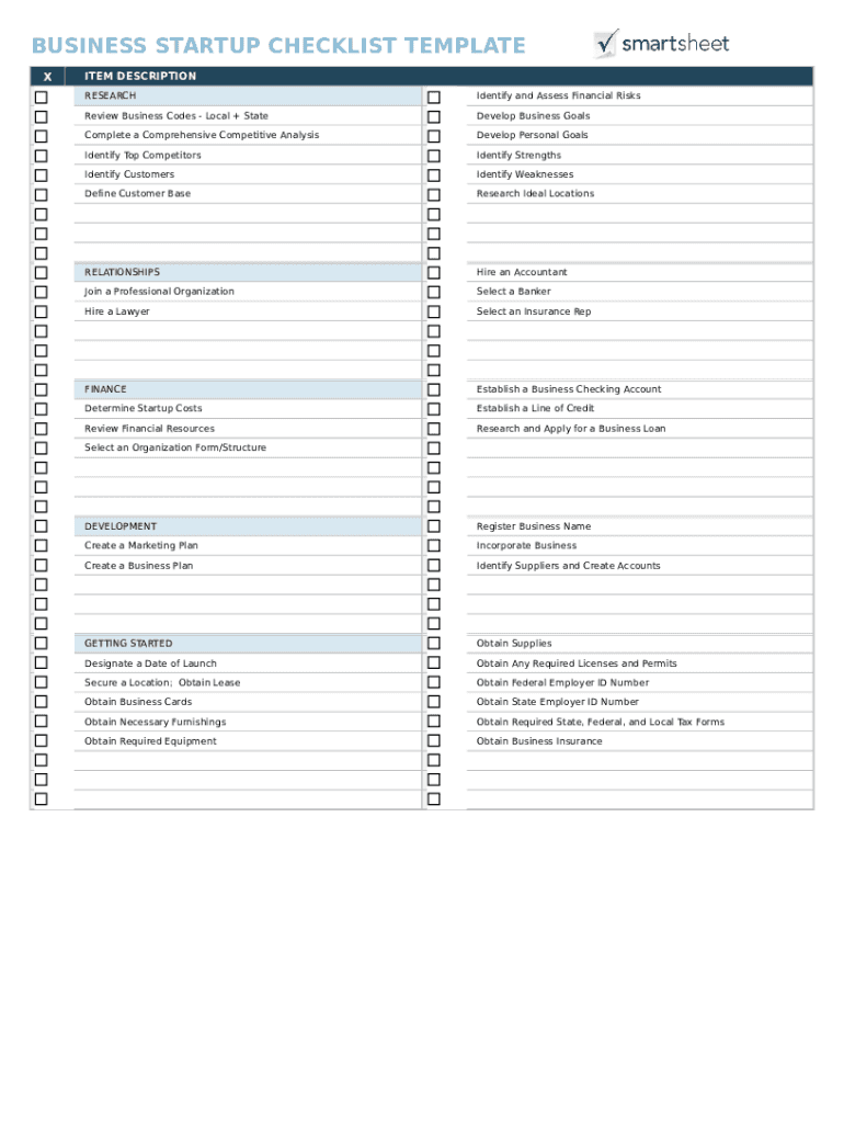 sample Startup Business Checklist Template